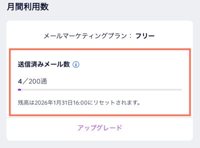 メールマーケティングダッシュボードの月間利用数セクションのスクリーンショット。