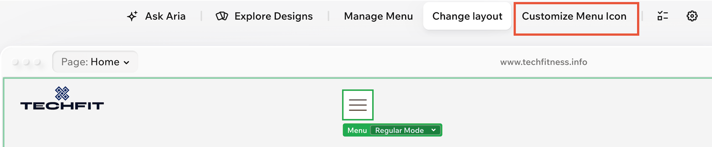 The action bar for a hamburger menu with the Customize Menu Icon option highlighted