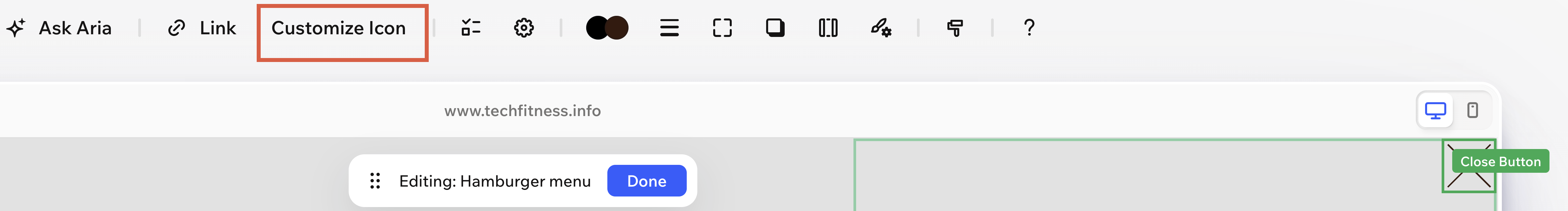 Action bar for the Close button with the Customize Icon option highlighted.