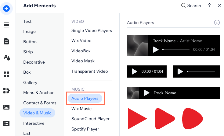 Captura de pantalla del panel de elementos del reproductor de audio en el menú del editor