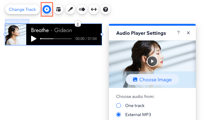 A screenshot of the wix audio player settings panel in Wix Editor