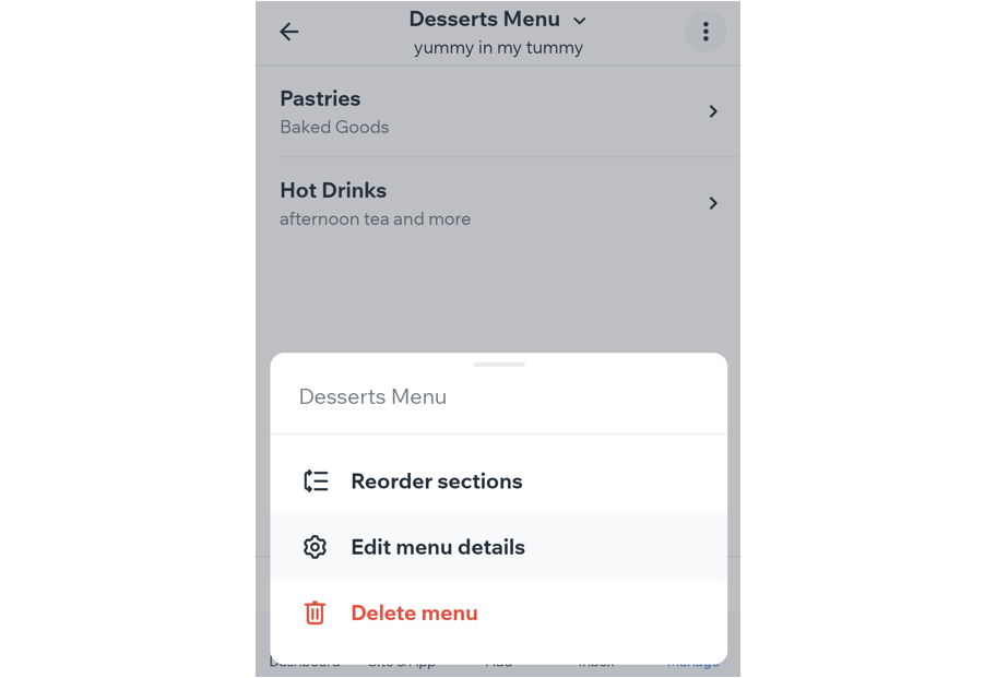 Schermata dell'app Modifica dettagli menu