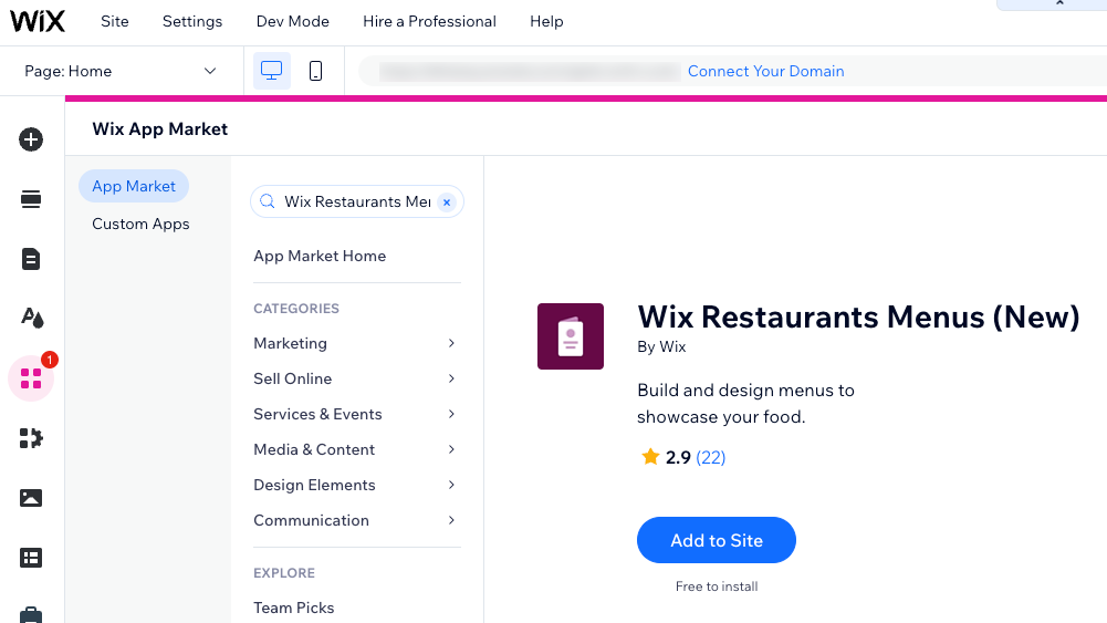 Capture d'écran du nouvel ajout de Wix Menus de restaurants sur l'Éditeur