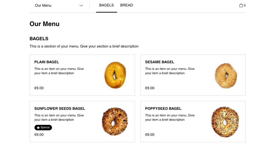 A live site with Wix restaurants. Different bagel options are displayed.