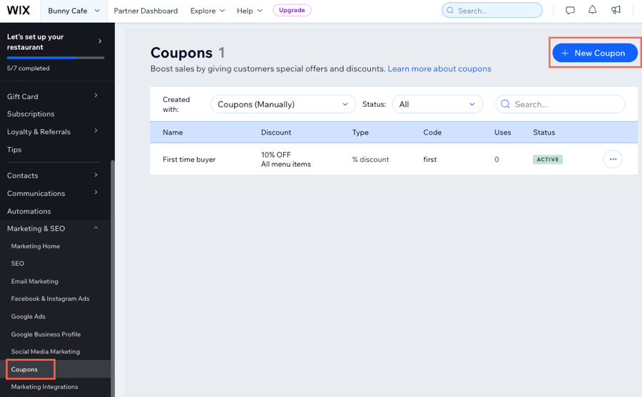 Wix kontrol panelindeki kuponlar sekmesinin ekran görüntüsü.