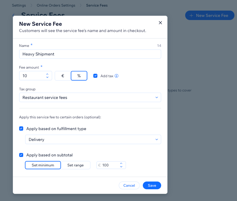 A screenshot of the service fee tab in the wix site dashboard with the add new fee pop up open.