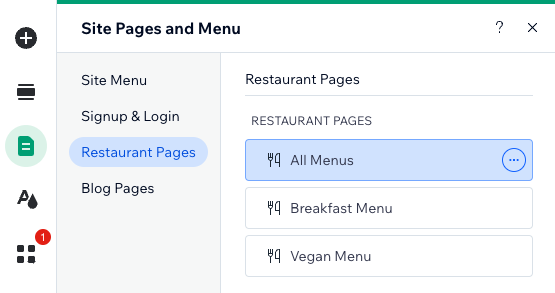 Captura de tela das páginas separadas dos menus