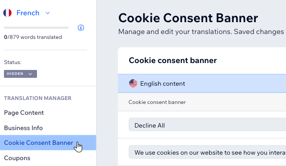 Une capture d'écran du gestionnaire de traduction avec un accent sur la bannière de consentement aux cookies