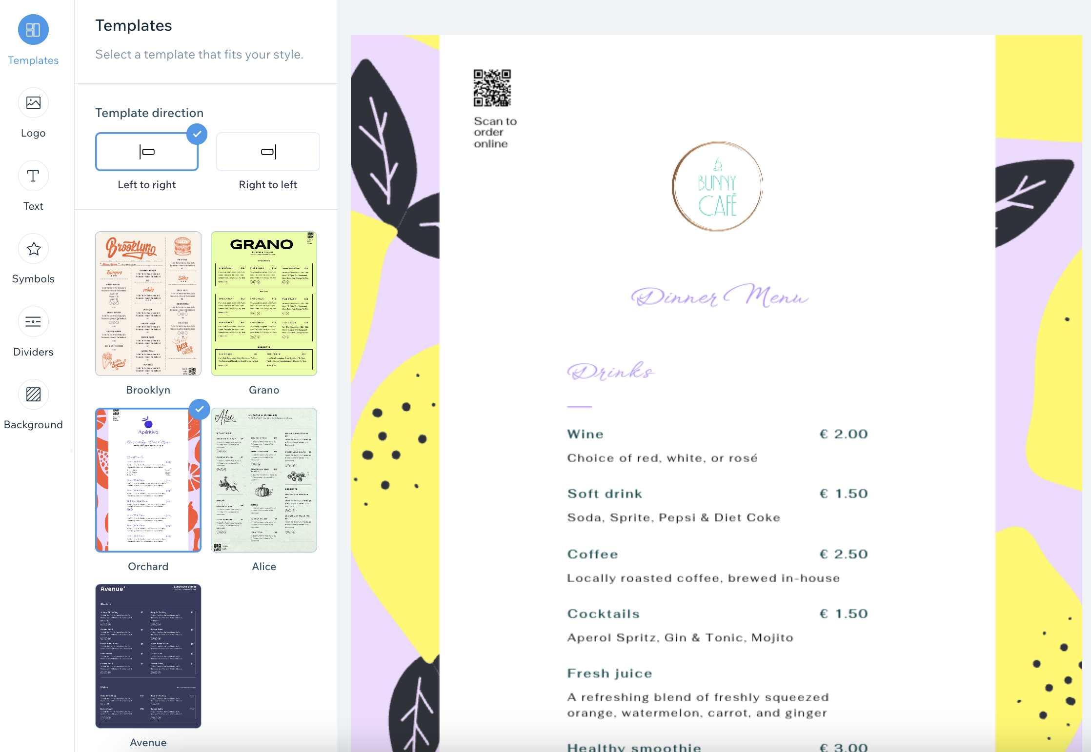 Screenshot of setting the template for your printable menu