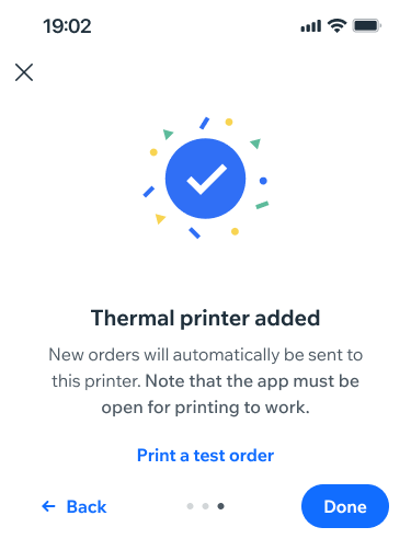 A screenshot of the wix owner app thermal printing flow