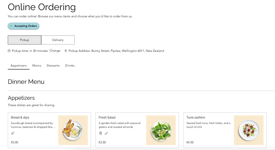 A screenshot of an online ordering menu