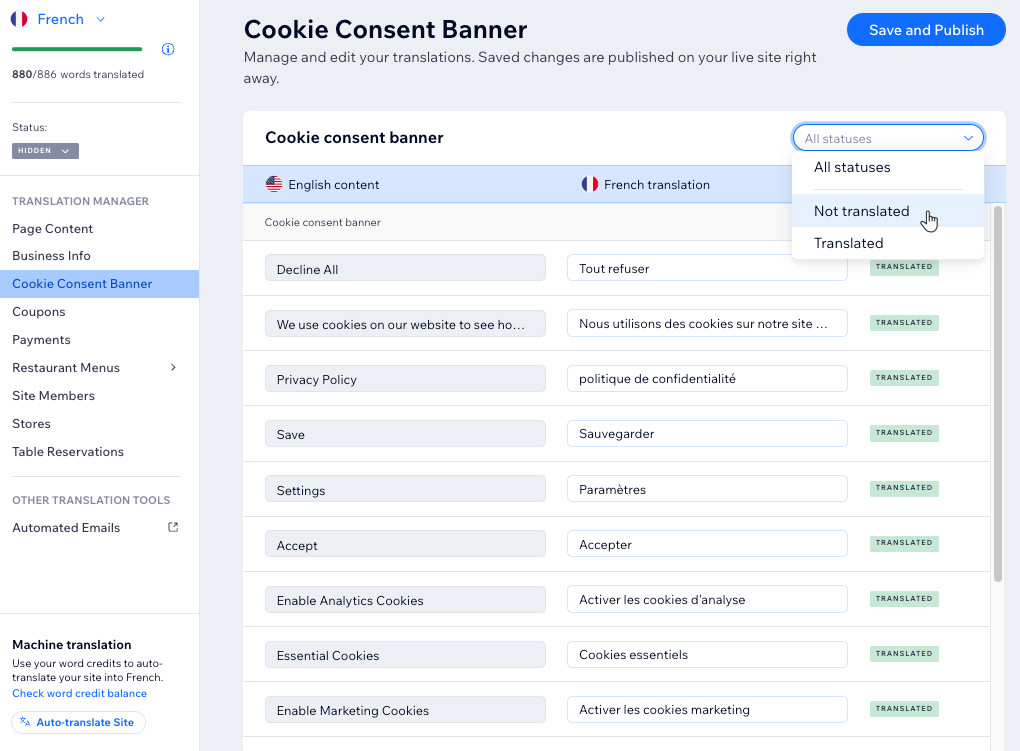 Uma captura de tela do painel de controle da tradução do site Wix