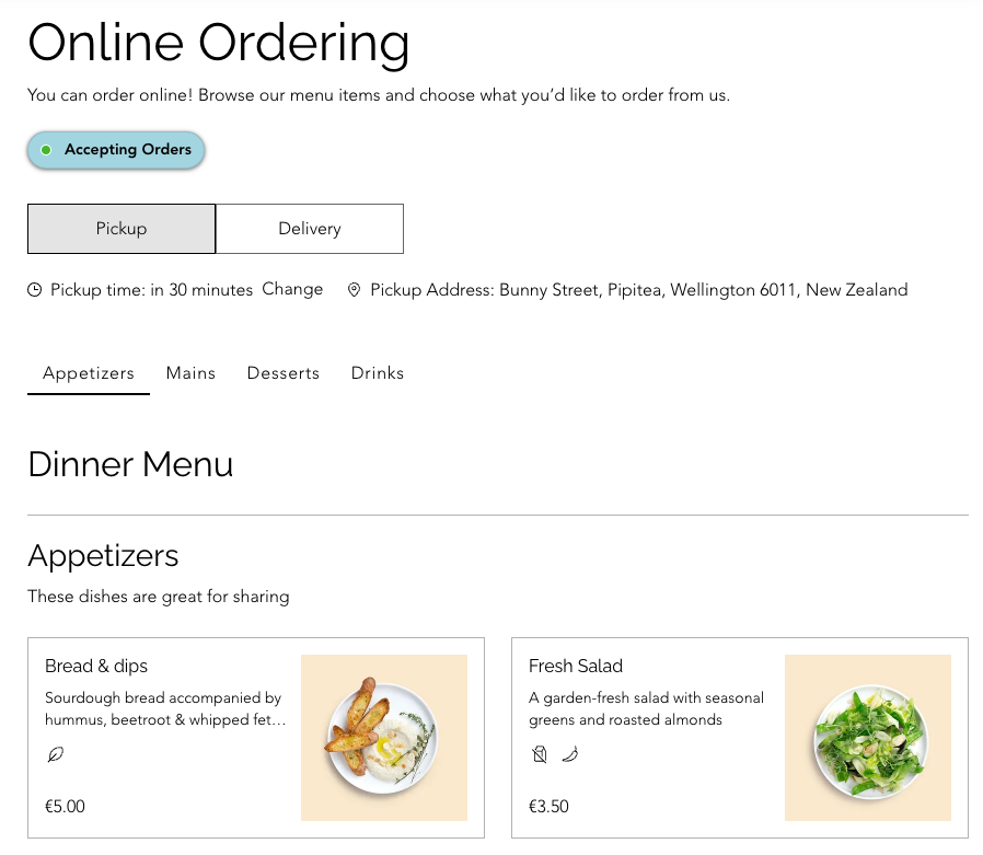 Een screenshot van de Online orders-app op een live Wix-website