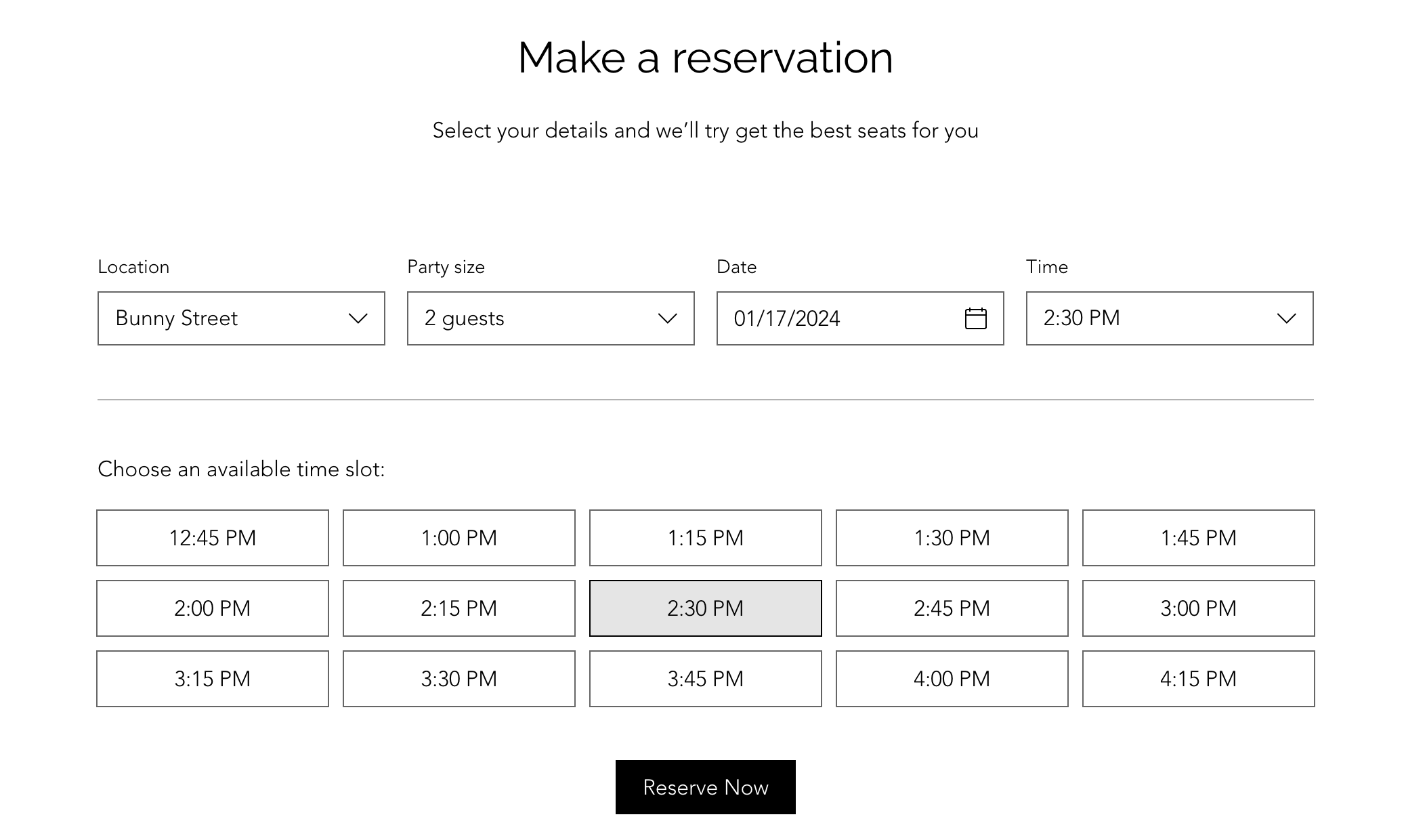 Canlı bir wix sitesindeki masa rezervasyonları widget'ının ekran görüntüsü