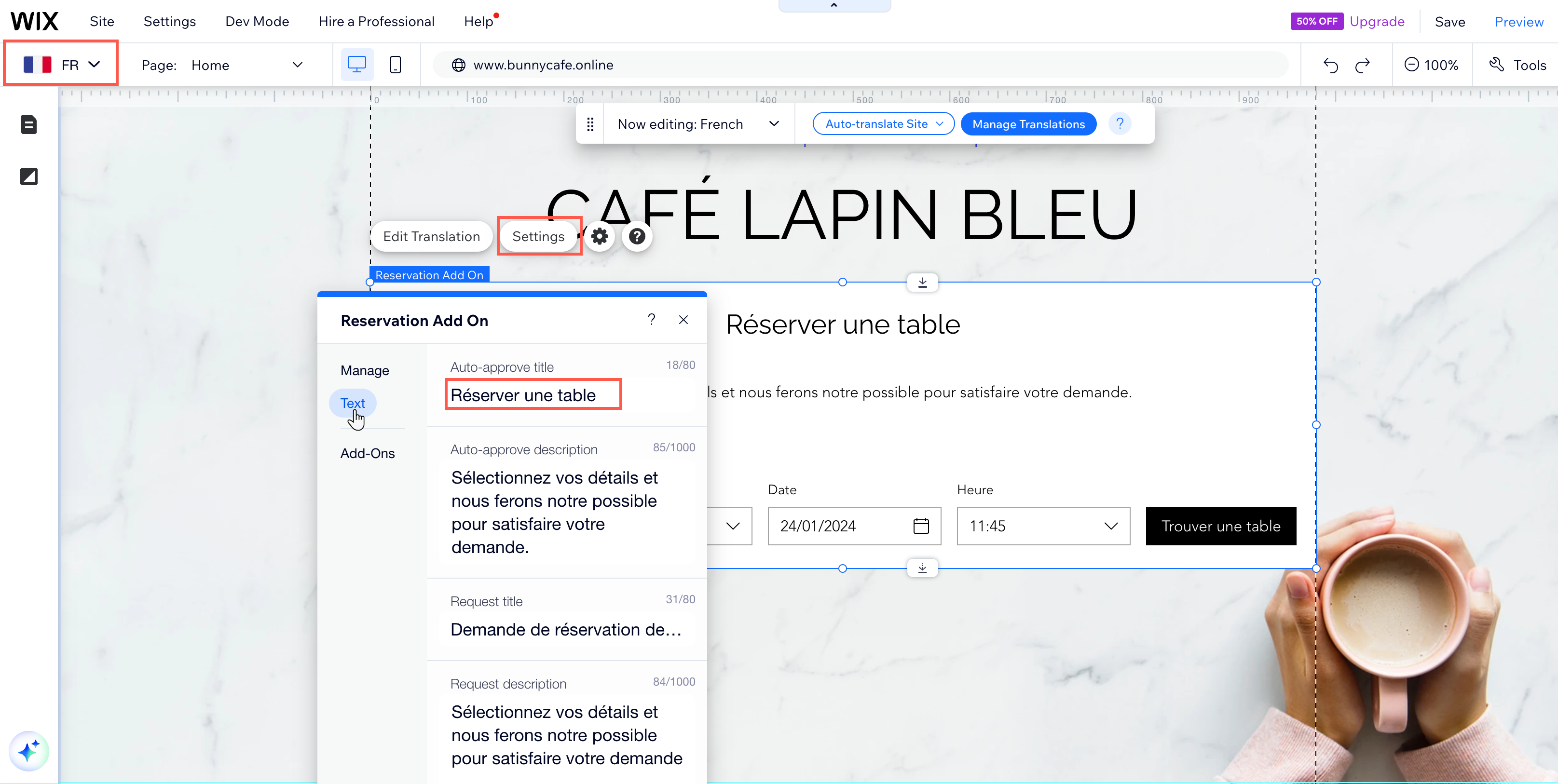 Une capture d'écran de l'élément de traduction sur le widget de réservation de table dans l'Éditeur Wix