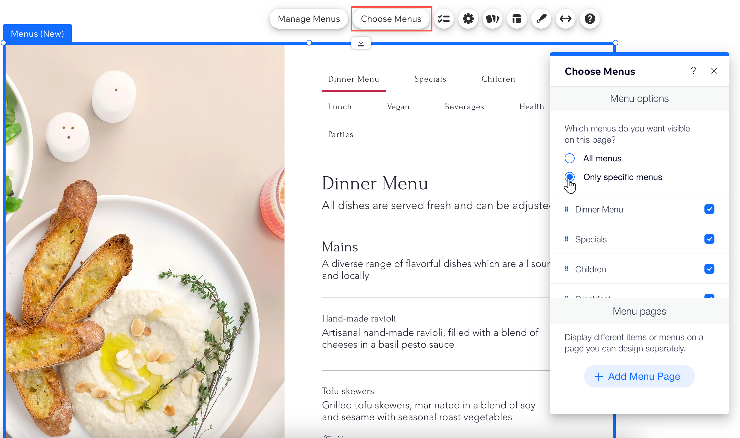 Screenshot dell'opzione della nuova pagina del menu dell'Editor Wix