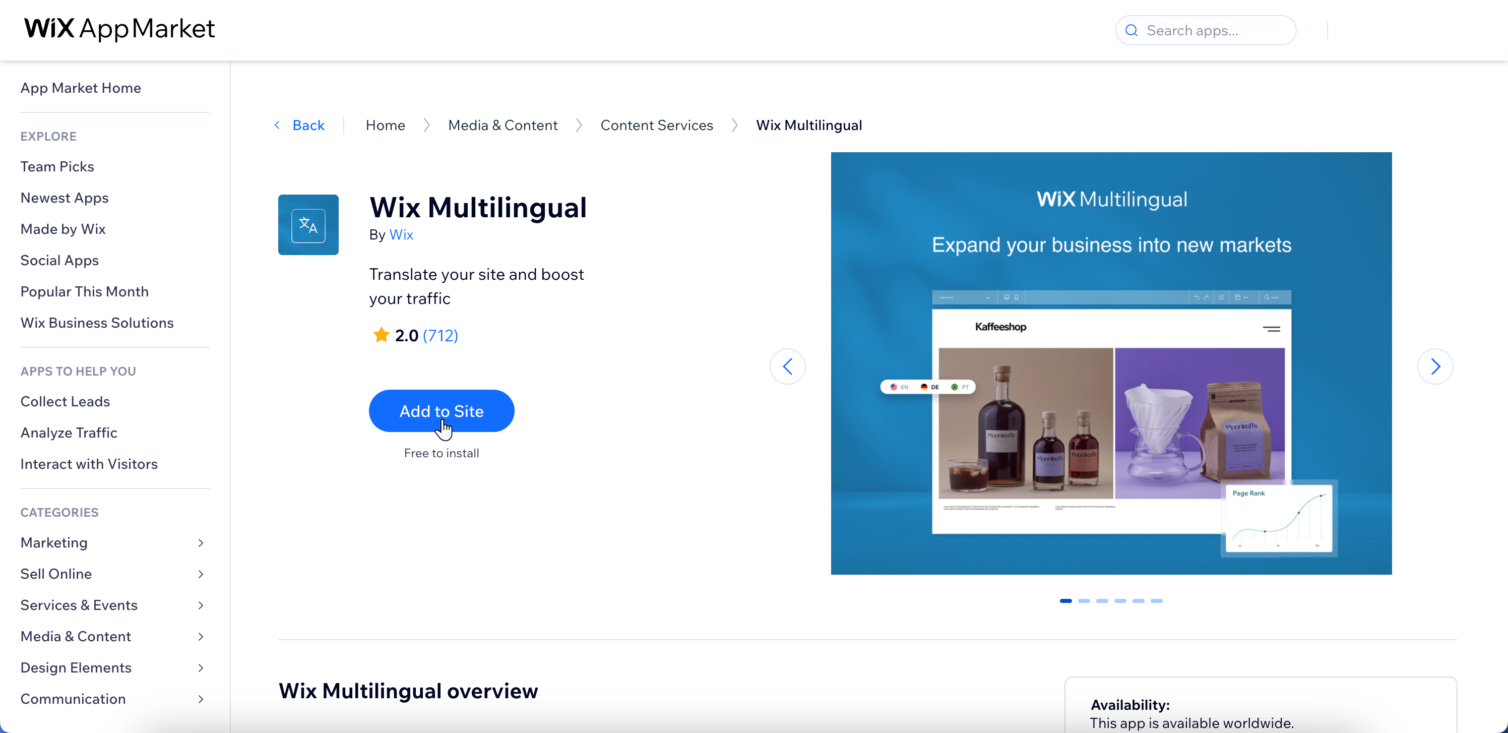 Screenshot del Wix App Market con l'app Wix Multilingua aperta