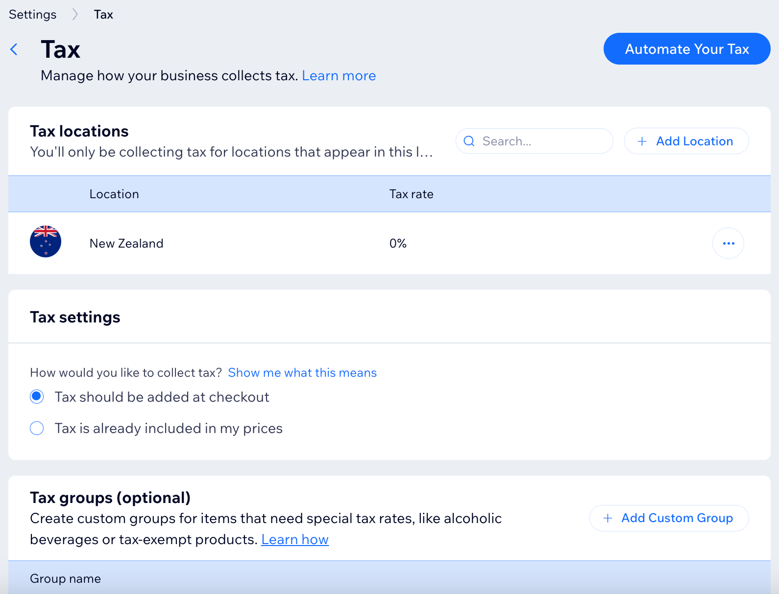 a screenshot of the tax tab