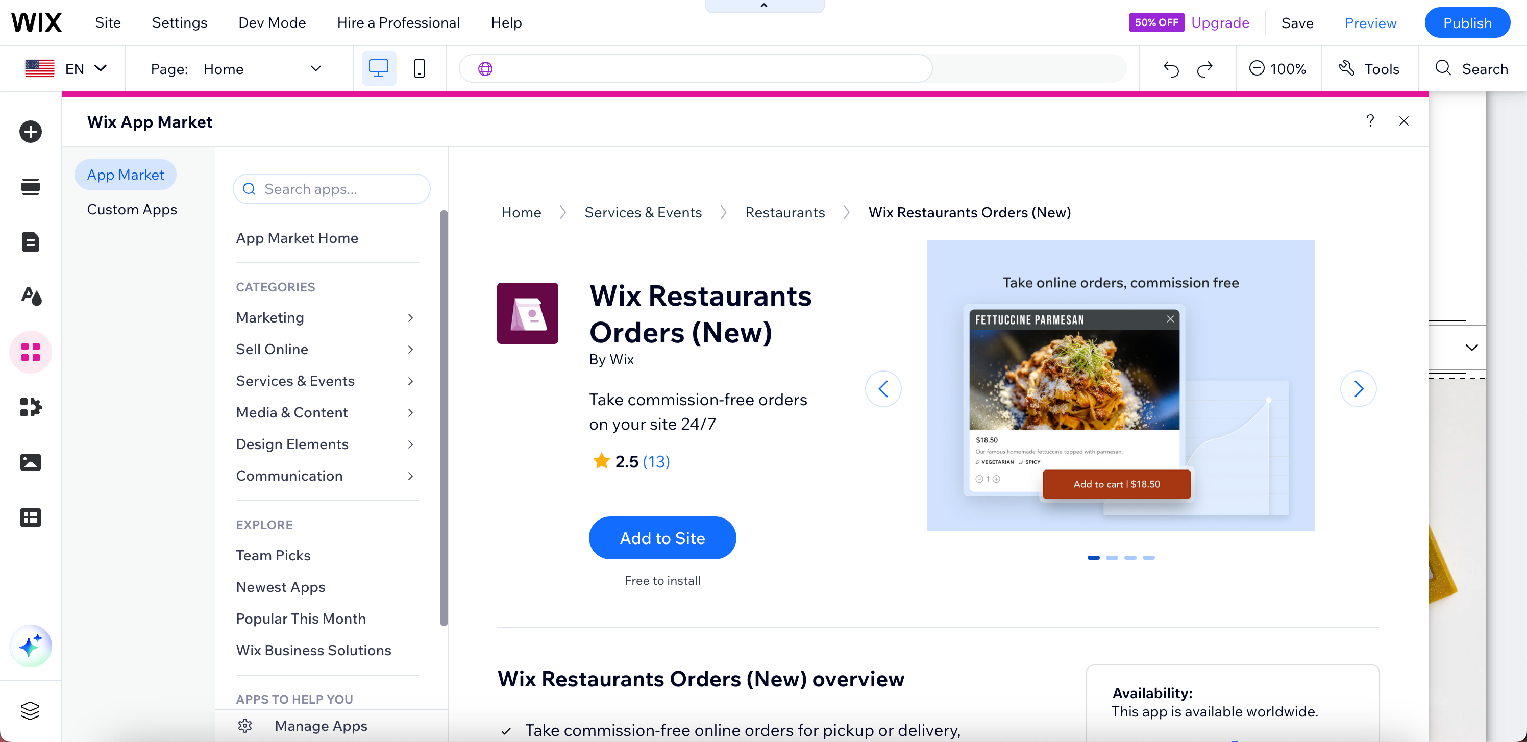 Capture d'écran de l'Éditeur wix avec l'onglet App Market ouvert