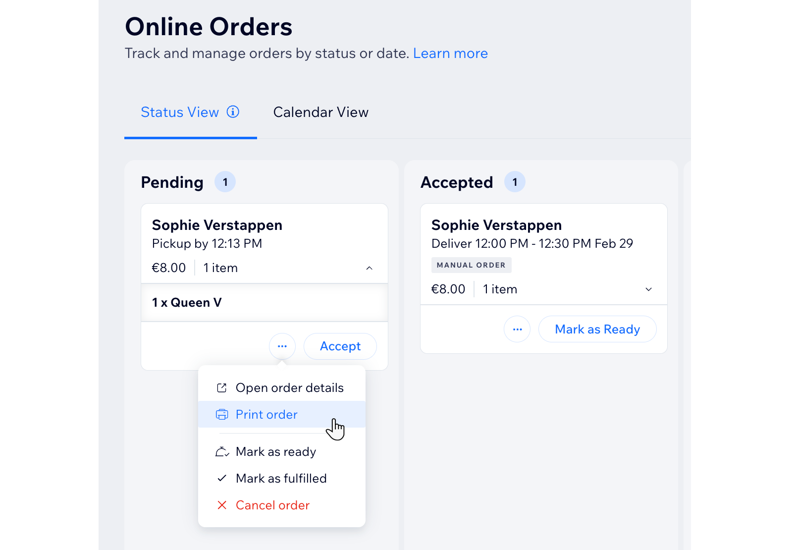 a screenshot of the online orders tab in the wix site dashboard