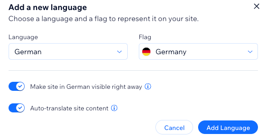 A screenshot of the add language pop-up screen in the Wix Multilingual dashboard