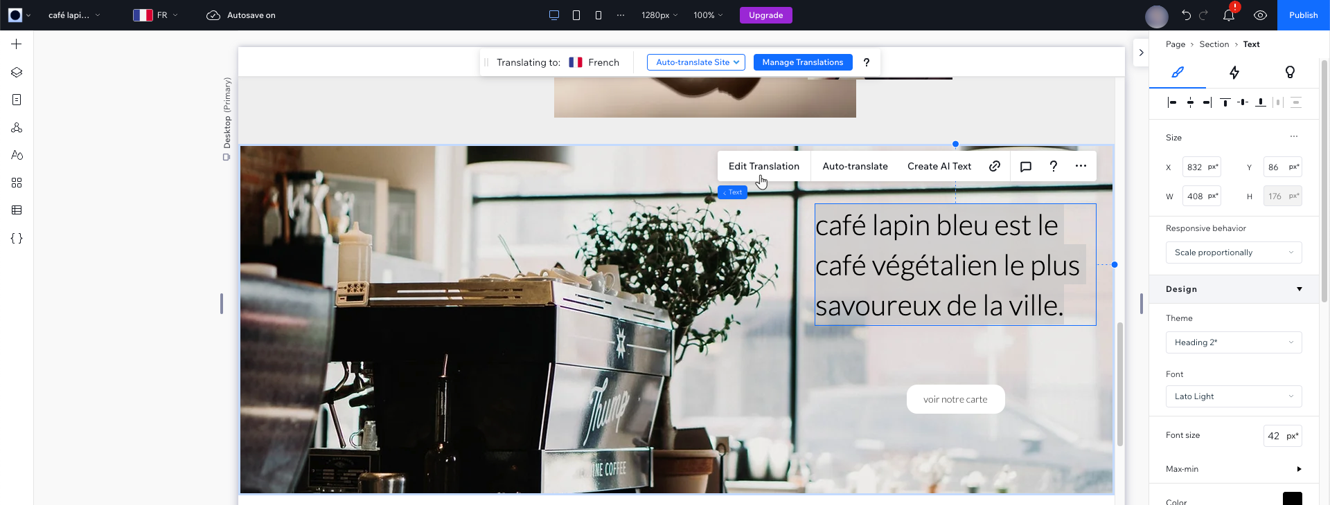 Une capture d'écran de l'appli multilingue de l'Éditeur Wix Studio dans un site Web en mode d'édition