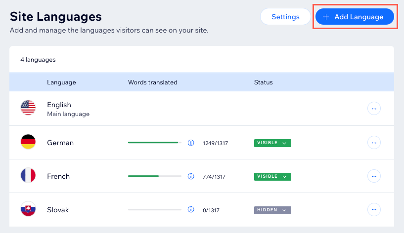 Uma captura de tela da aba Wix Multilíngue no painel de controle