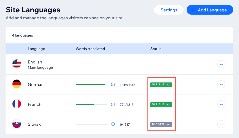 대시보드의 Wix 다국어 탭 스크린샷