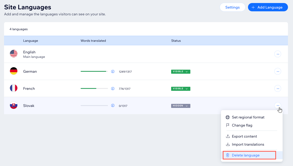 Uma captura de tela da aba Wix Multilíngue no painel de controle