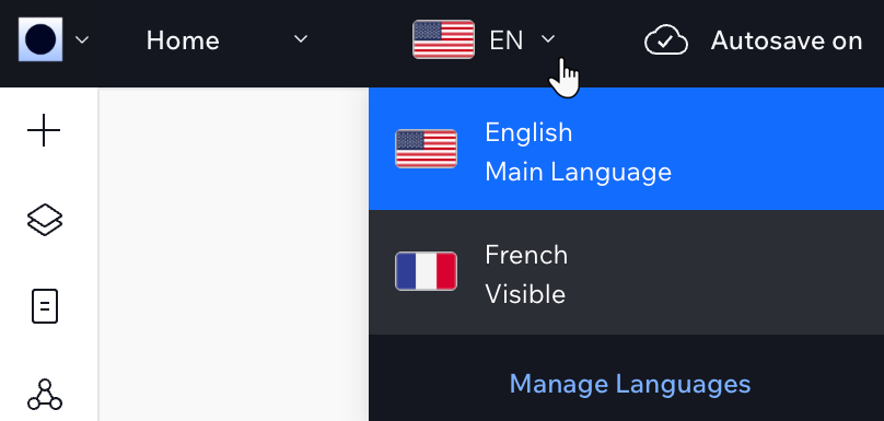 A screenshot of selecting a language from the top bar of the studio editor.