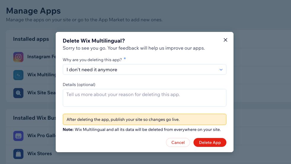 a screenshot of the wix dashboard delete app pop up