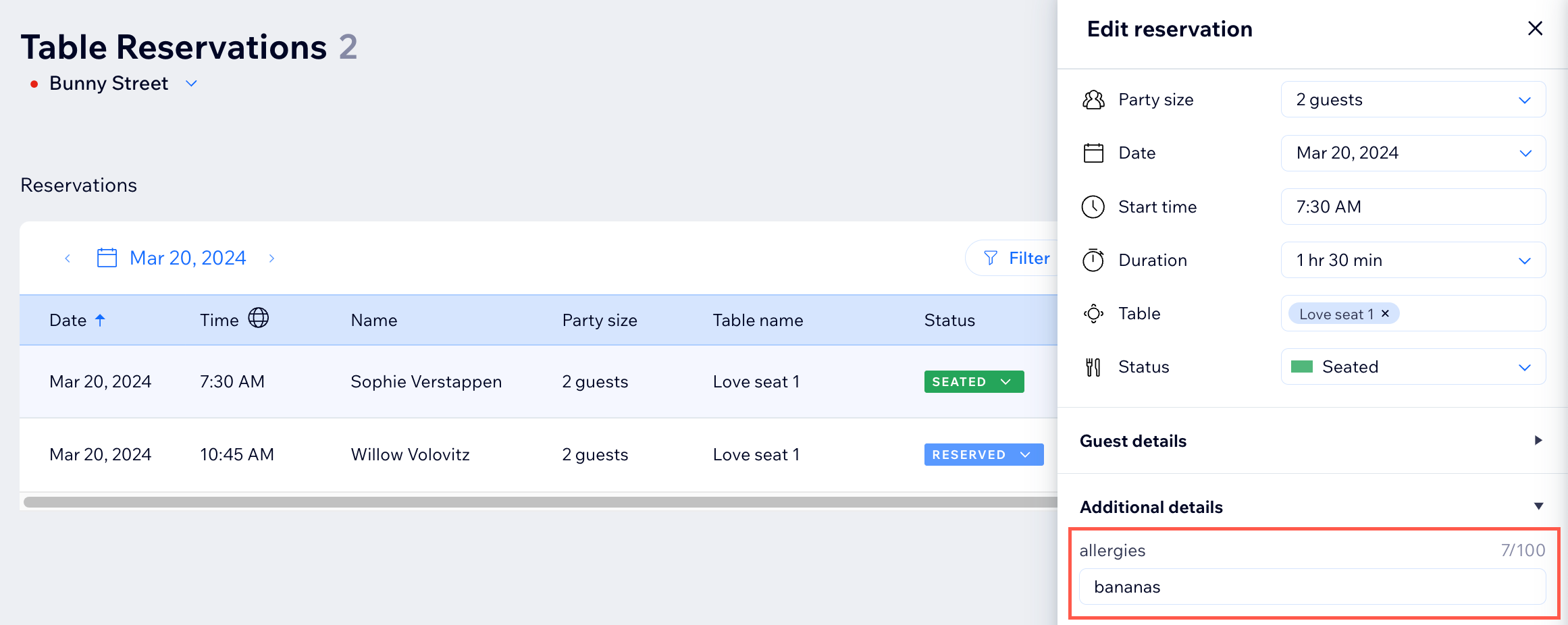 A. screenshot of the wix dashboard table reservations tab