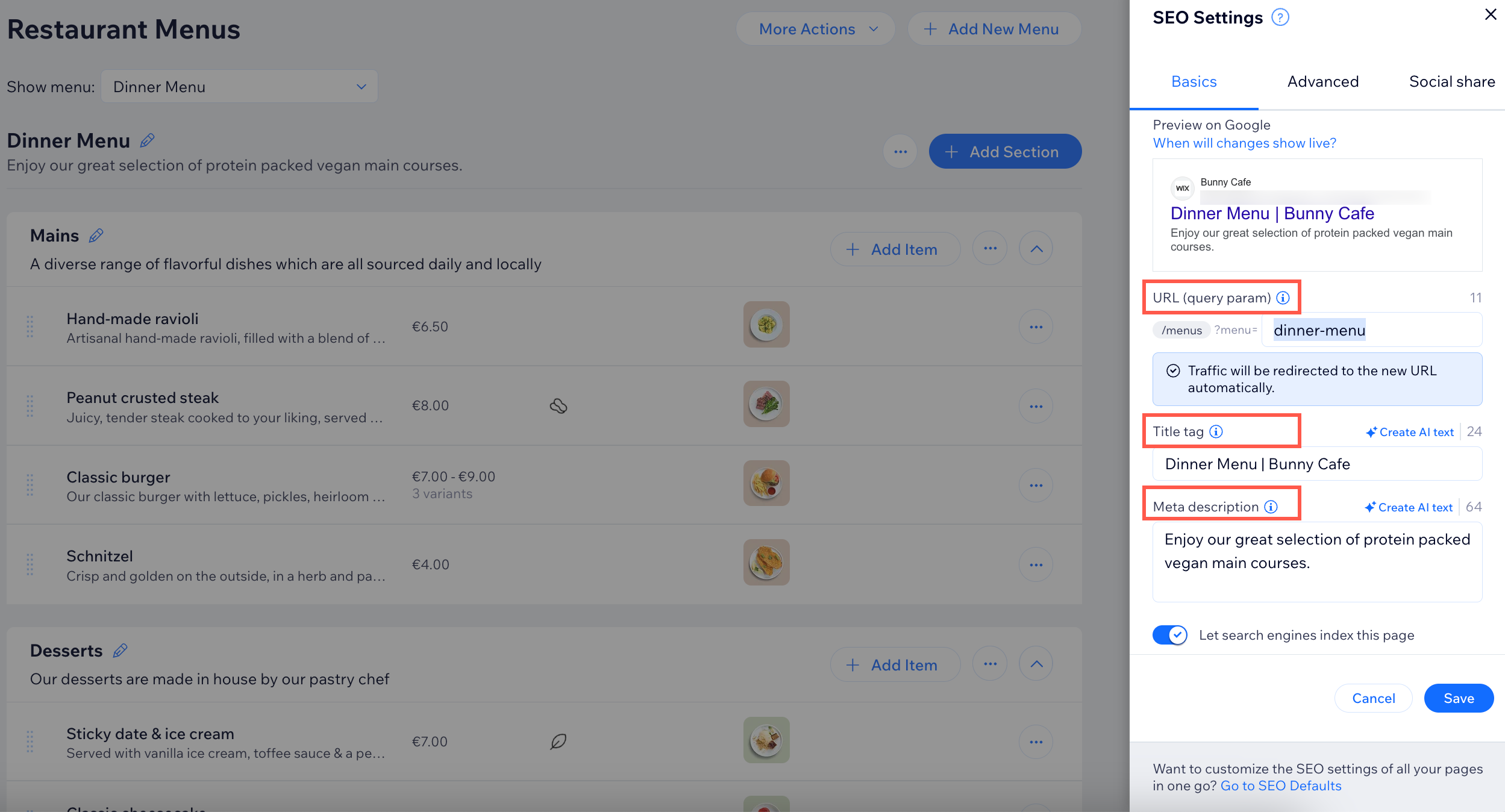 Wix kontrol panelindeki menü seo ayarlarının ekran görüntüsü