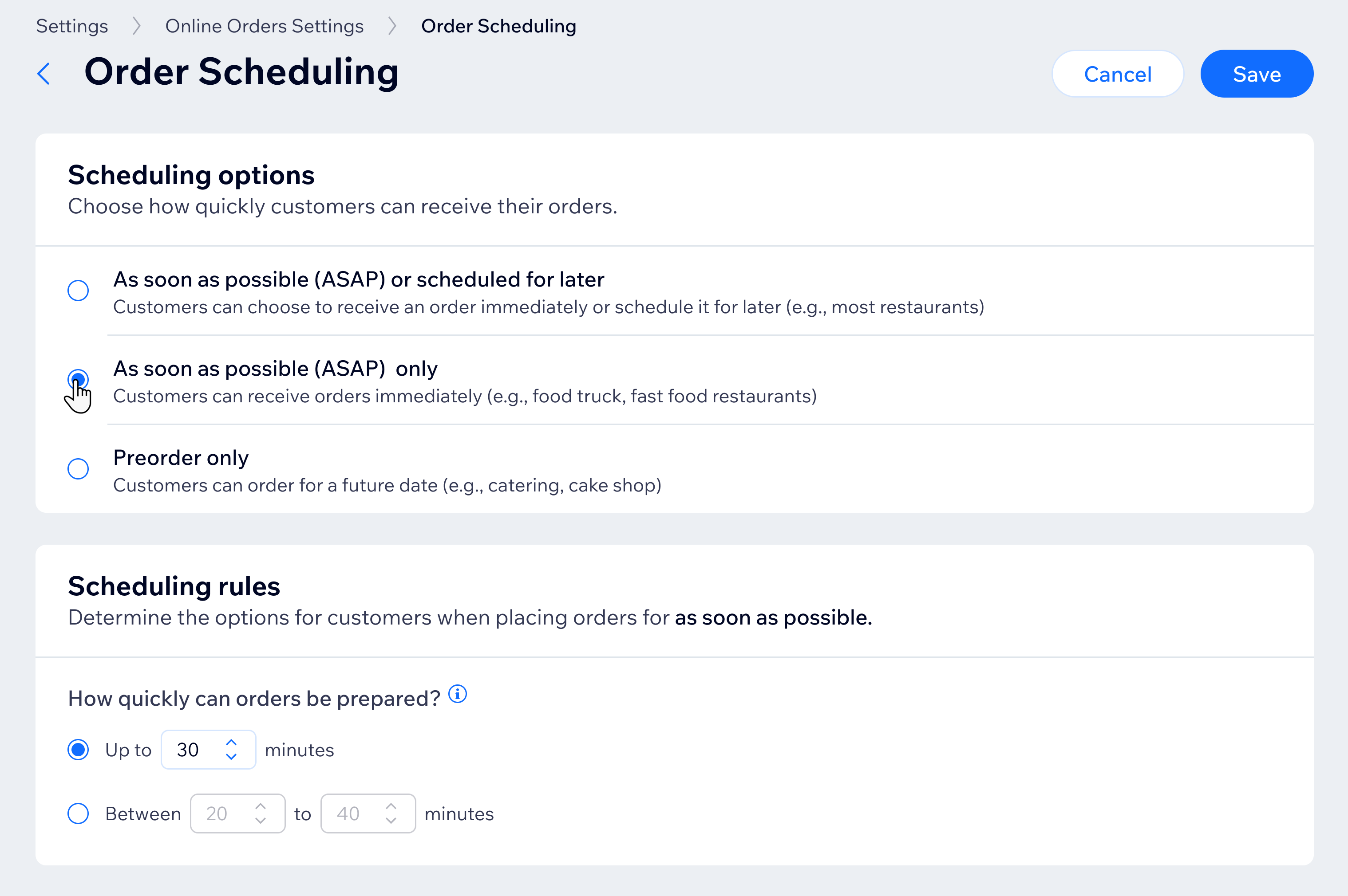 Uma captura de tela do painel de controle Wix com opções para configurações de pedido de entrega expressa e um intervalo de tempo para preparação do pedido.