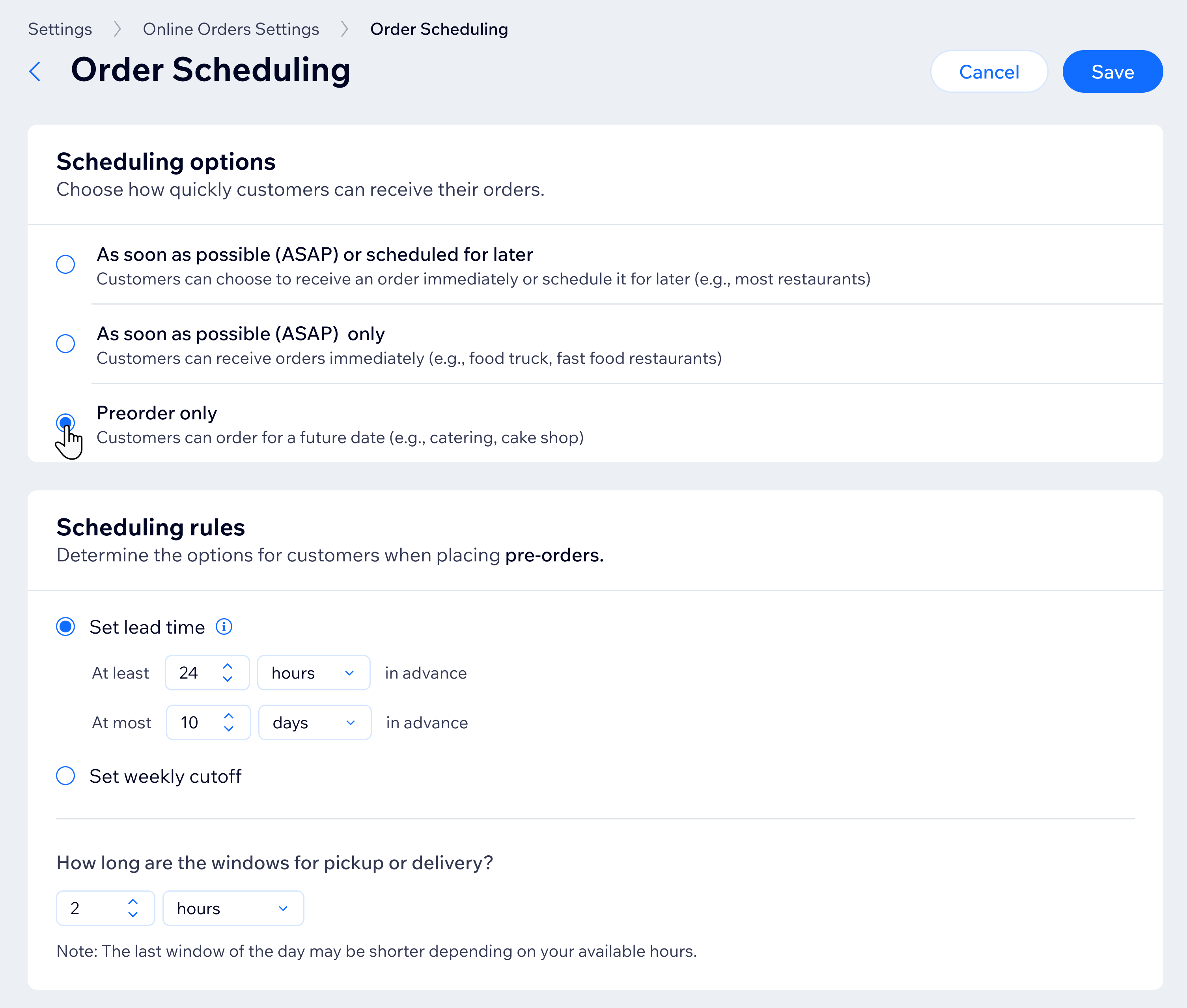 Uma captura de tela do painel de controle Wix exibindo regras de agendamento de pré-encomenda com prazo de entrega e intervalos de retirada/entrega.