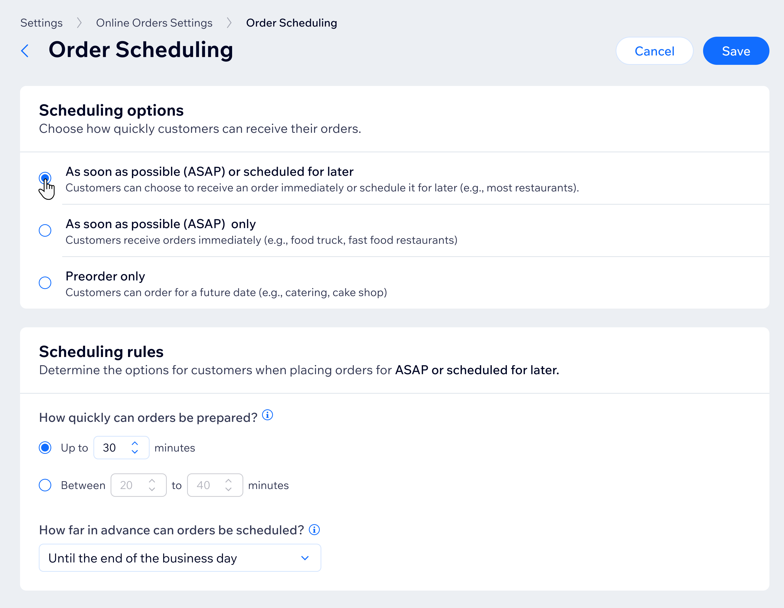 ASSISTANT A screenshot of the Wix dashboard showing options for ASAP or scheduled order settings and preparation time.