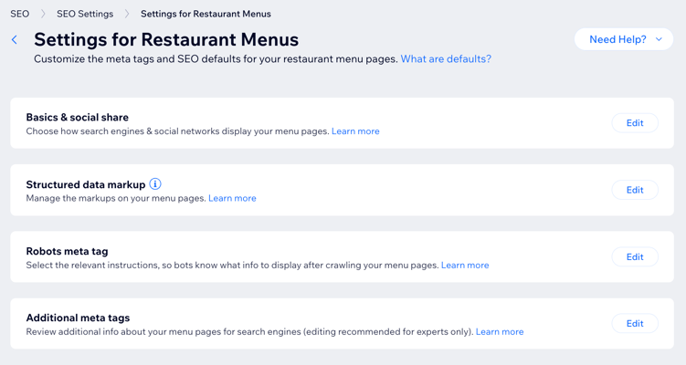 Aba de configurações de SEO para páginas de menus do restaurante no painel de controle do site Wix