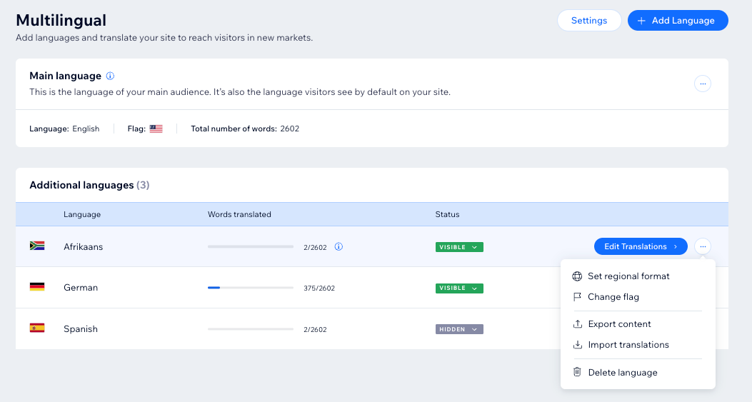 a screenshot of managing languages screen in wix multilingual