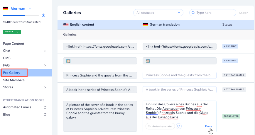 a screenshot of the translation manager in the Wix site dashboard