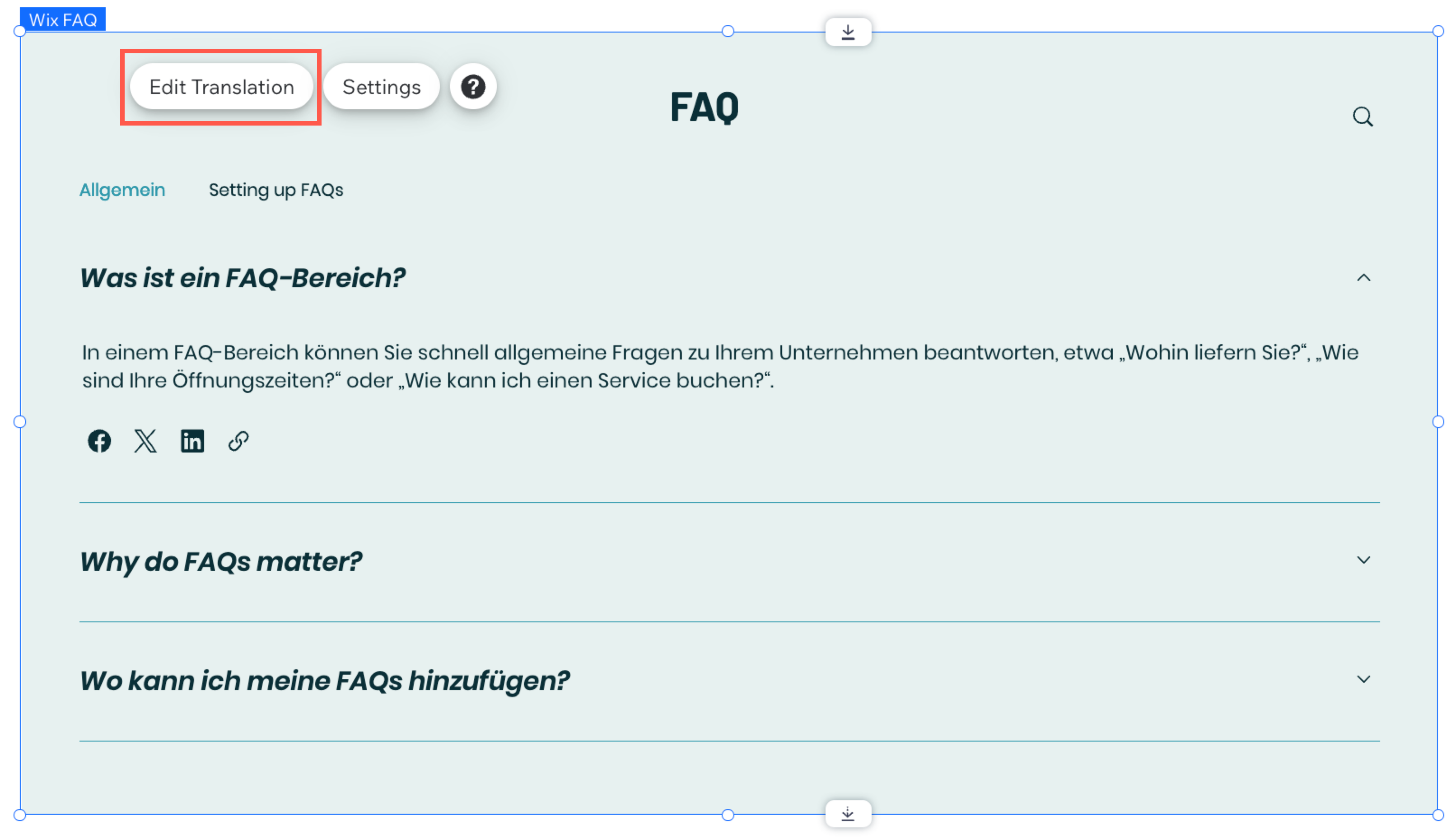 Screenshot des FAQs-Elements von Wix auf einer Seite im Editor im Übersetzungsmodus, wobei die Option „Übersetzung bearbeiten“ hervorgehoben ist.