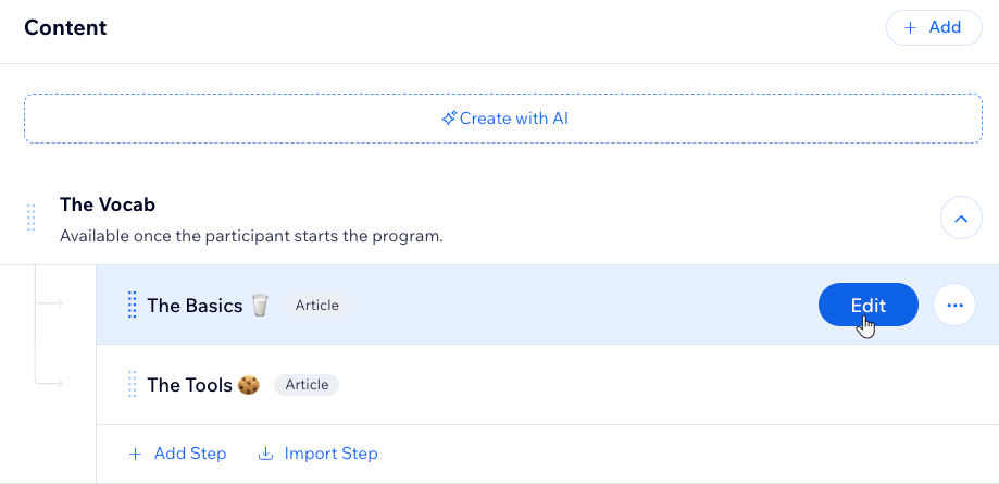 A screenshot of the available options to manage a. step in an Online Program.