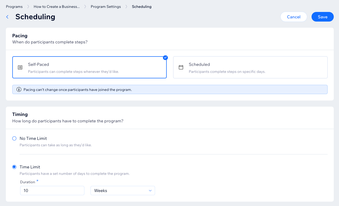 Uma captura de tela do painel Programação de um programa online.