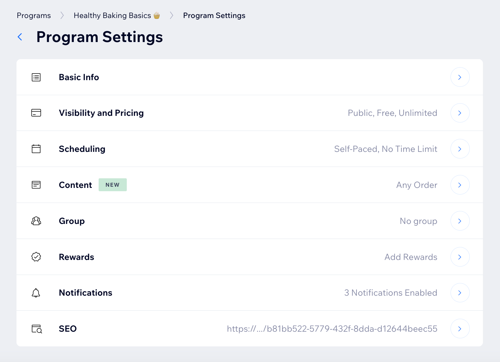 A screenshot of the Program Settings panel for Online Programs in a site's dashboard.