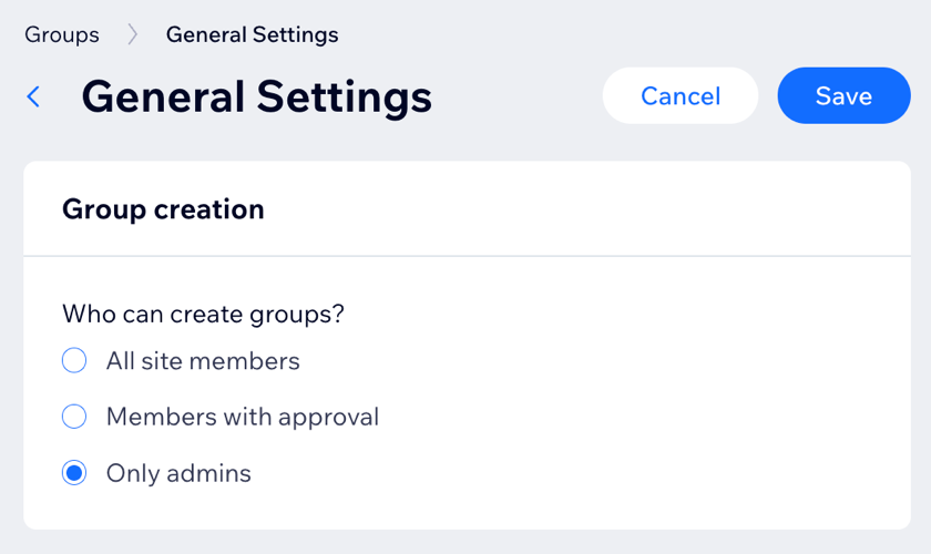 A screenshot of the group settings page in Wix Groups