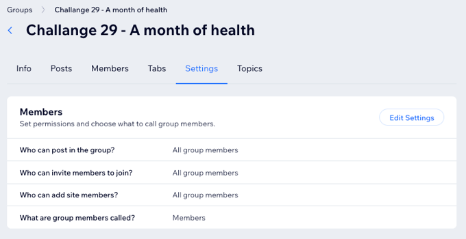 A screenshot of the Wix Group dashboard members permissions