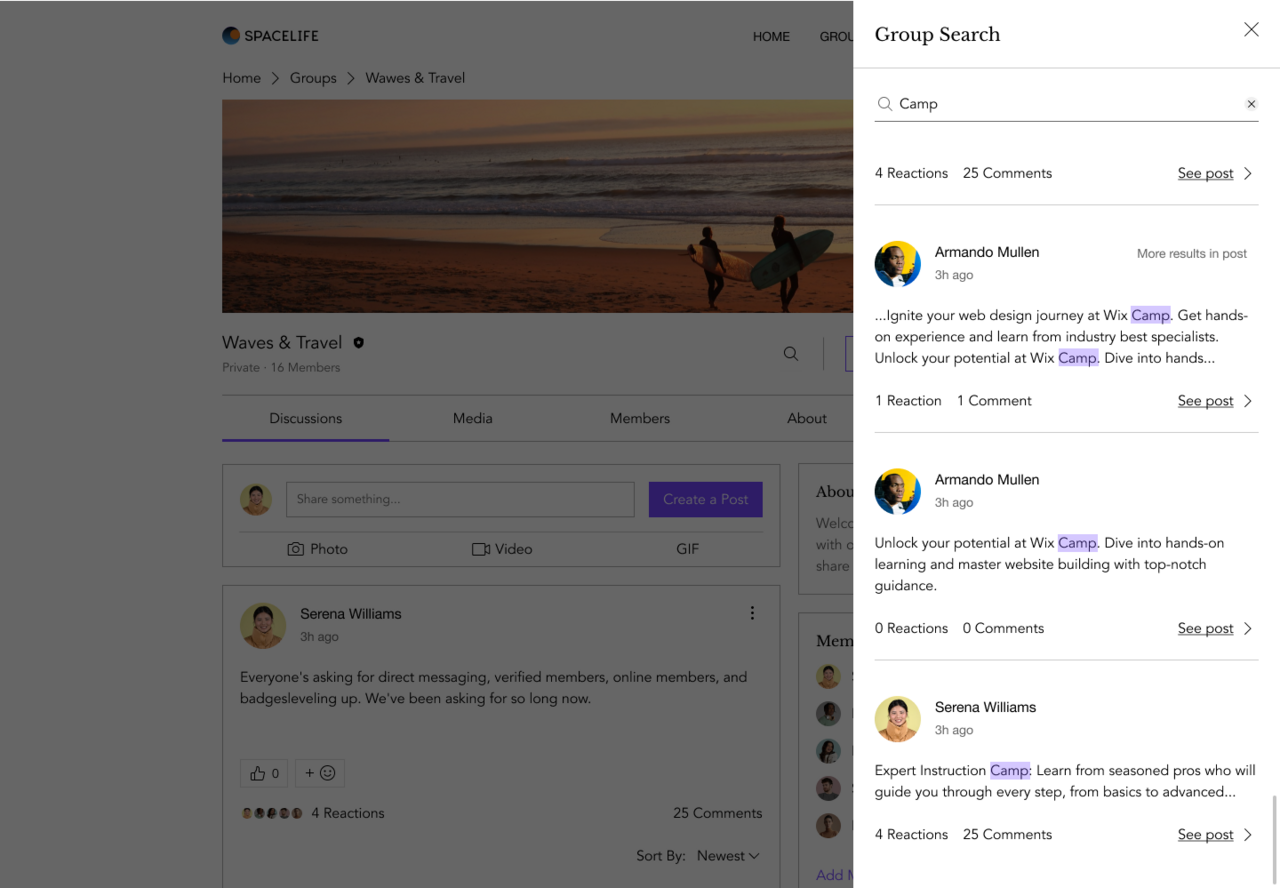Wix サイトのグループフィードにある検索機能のスクリーンショット