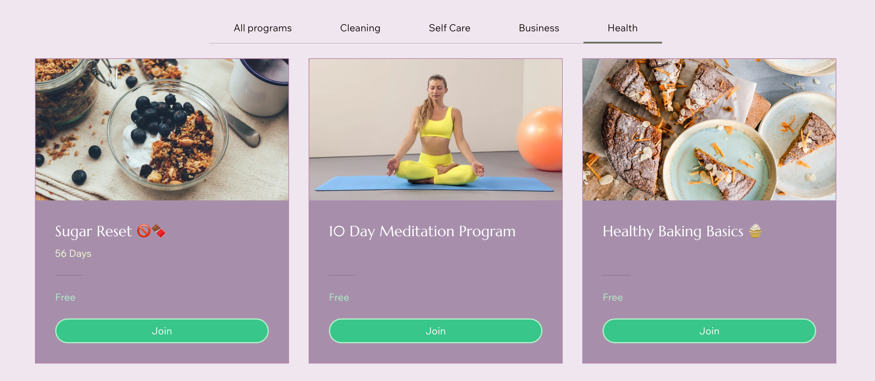 オンラインプログラム一覧パーツが表示された Wix サイトページのスクリーンショット
