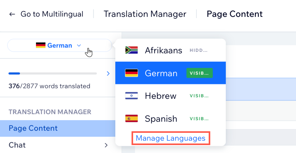 een screenshot van de Wix Multilingual Translation Manager op het dashboard van de website