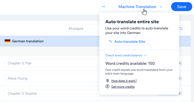 A screenshot of the Wix Multilingual translation manager Machine Translation button