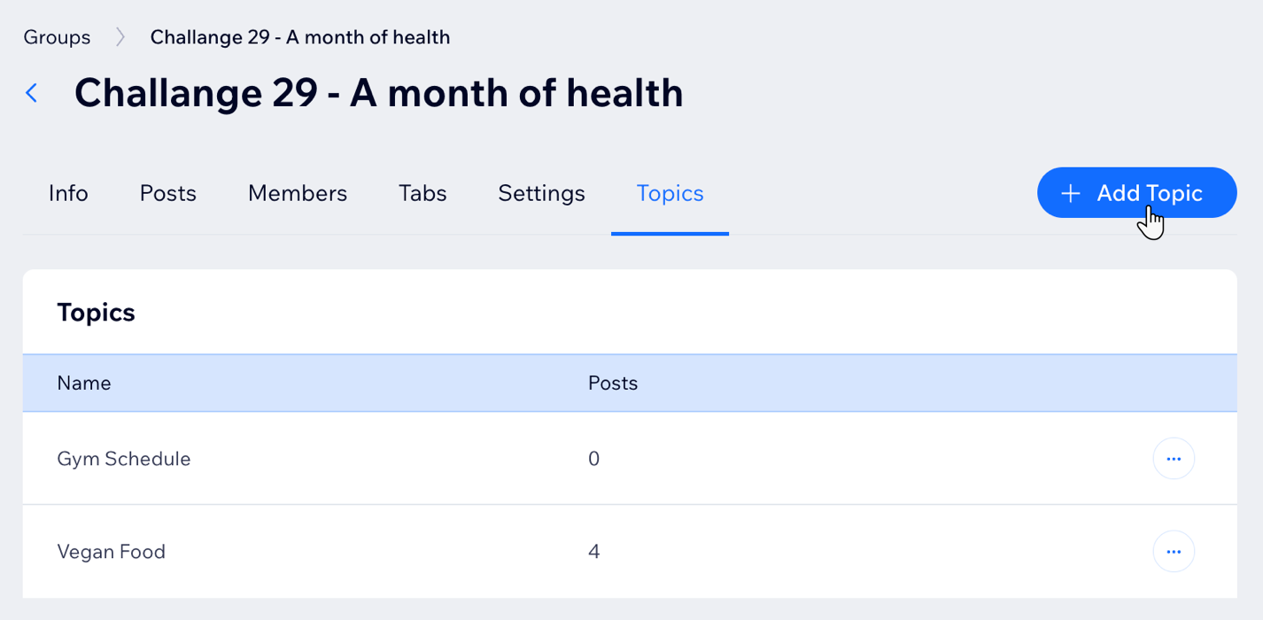 A screenshot of the Wix Groups app in the dashboard open on the topics tab